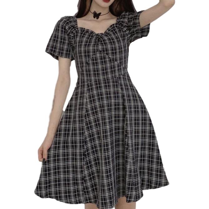 Female Summer Casual Elegant Waist Slim A-line Skirt Short Sleeve Square Neck Black Plaid Medium Length Dress