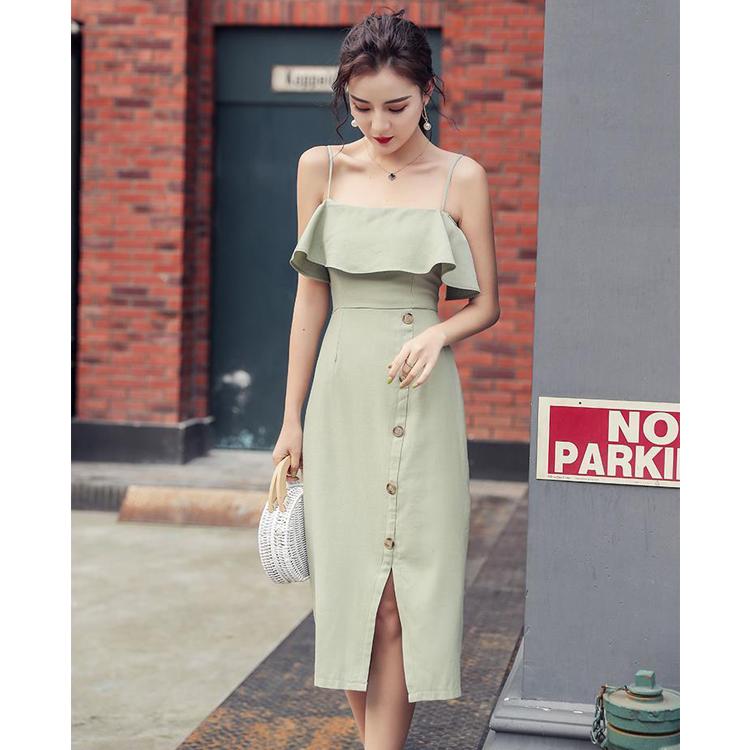 French Ruffle Dresses One-shoulder Sling Dress for Holiday Maldives Single Breasted Split Sexy Dress