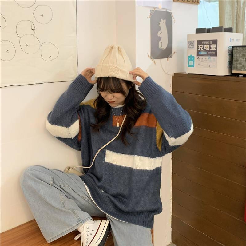 Pofulove Winter Korean Lazy Color-matching Sweater Female Loose Wild Mid-length Pullover Sweater
