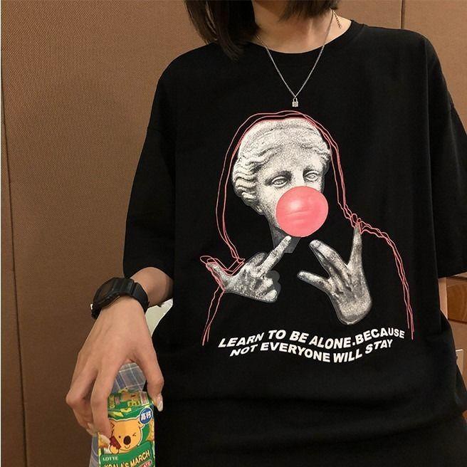 Women Loose Short Sleeve Casual Cool T-shirt Summer Vintage Letter Pattern Print Streetwear T-shirt