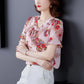 Floral Blouse Women's Lace-up Summer Round Neck All-match Short-sleeved Chiffon Shirt
