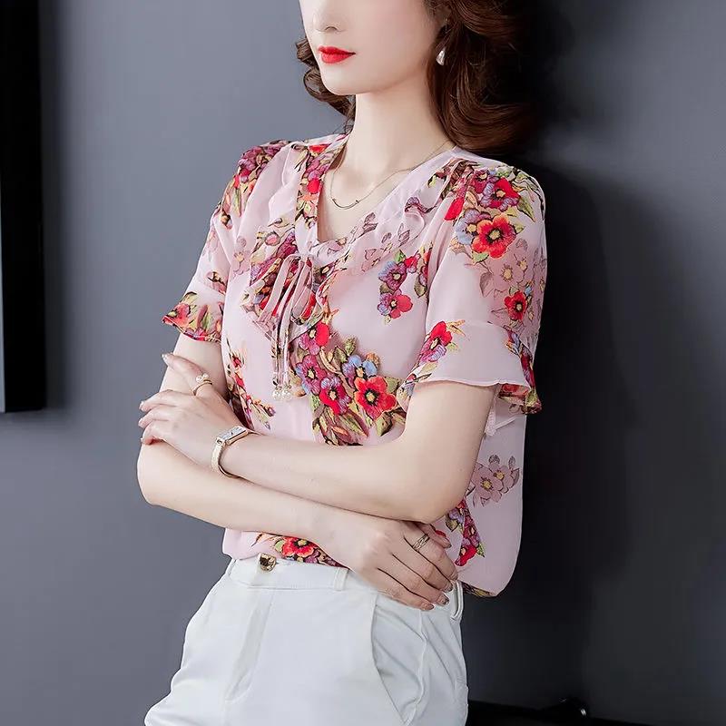 Floral Blouse Women's Lace-up Summer Round Neck All-match Short-sleeved Chiffon Shirt