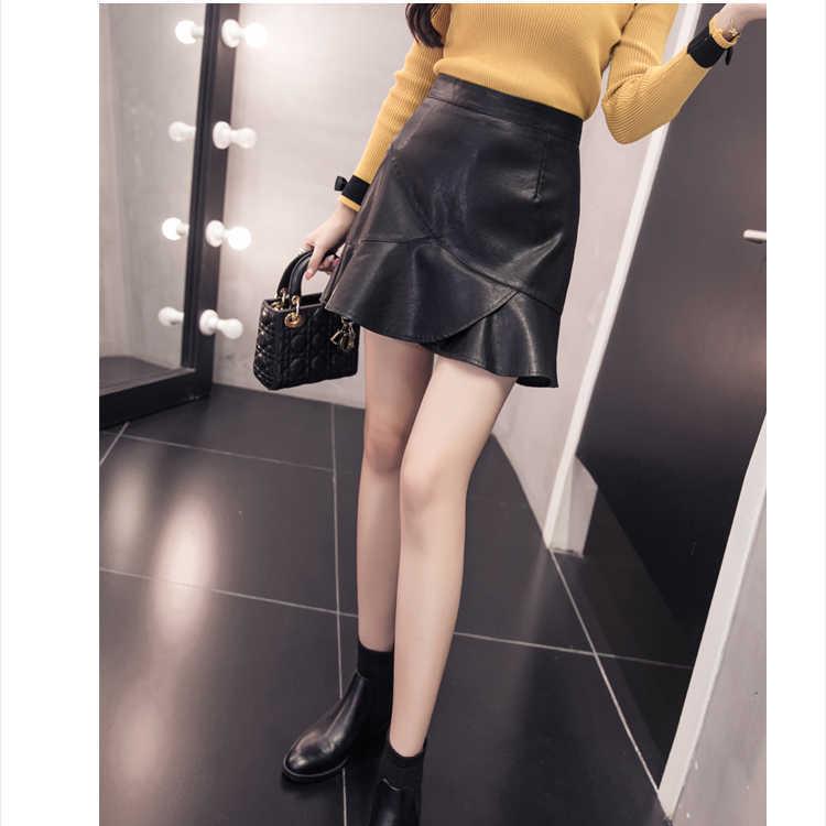 Vintage Elegant Black PU Skirts Women Faux Leather Bud Skirts Pleated Ladies Sexy Party Short Skirts