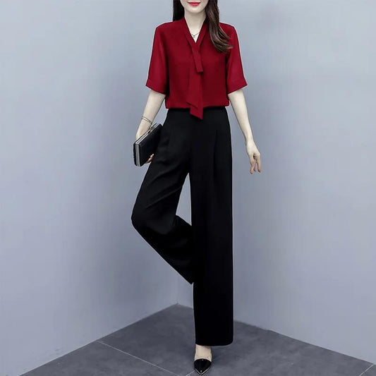 Ladies Professional Suit Black Two-piece Suit Women Loose and Thin High Waist Wide-leg Pants V-neck Short-sleeved Shirt Elegant Temperament