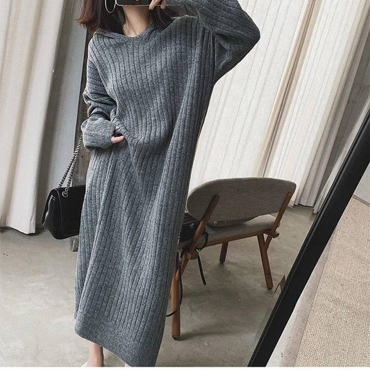 Autumn and winter plus long knee hooded loose knit dress vertical stripes was thin sweater women
