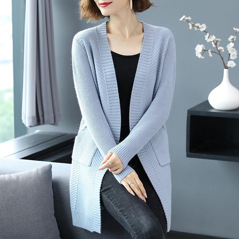 Autumn and Winter Wool Cardigan Sweater Large Size Medium and Long Loose Jacket Pure Color Simple Middle-aged Ladies Jacket