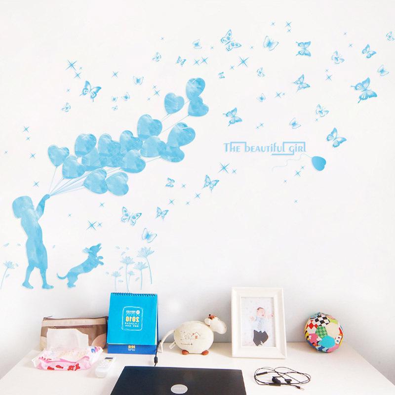 [Love balloon girl] wall stickers removable PVC transparent film blue love wallpaper
