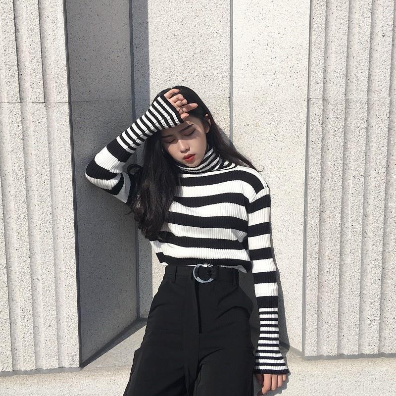 Sweater Women's Turtleneck Knitwear Black and White Striped Pullover Korean Slim Top Trendy Sweater Autumn and Winter Fashion