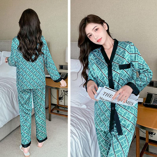 Women's Spring Autumn Long Sleeves Pajamas Ice Silk Sexy Loose Homewear Silk Suit Lapel Ice Silk Outerwear Suit