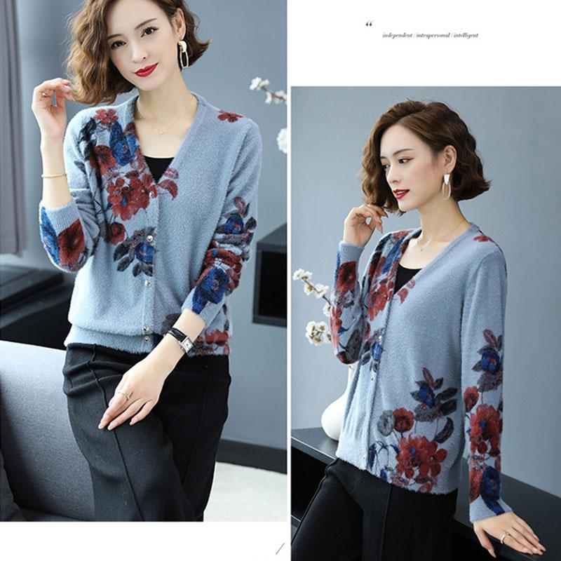 Autumn Winter Artificial Mink Cashmere Printed Knitted Cardigan Women's Short Sweater Coat Long-sleeved Loose Knitted Jacket