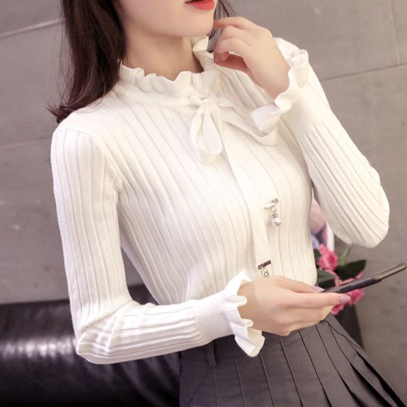 Bowknot Korean Knit Sweater Autumn and Winter Long-sleeved Slim Pullover Sweater Wood Ear Bottoming Shirt