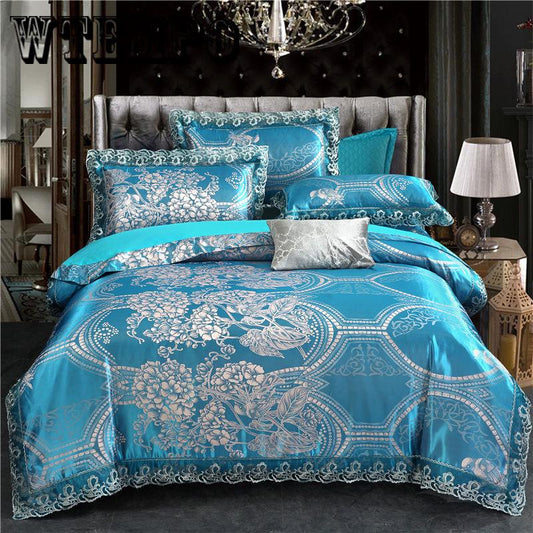 King Quee Size Stain Bed Set Bedsheet Set Duvet Cover Pillowcases Luxury Jacquard Bedding Set