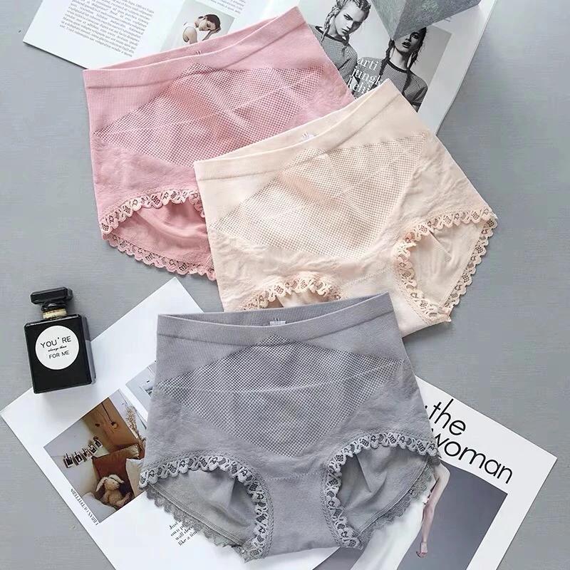 3 Packs of Mid-waist Warm Palace Underwear Women's Pure Nylon Crotch Abdomen Buttocks Waist Body Shaping Tummy Seamless Briefs Sexy Lace Edge Panties