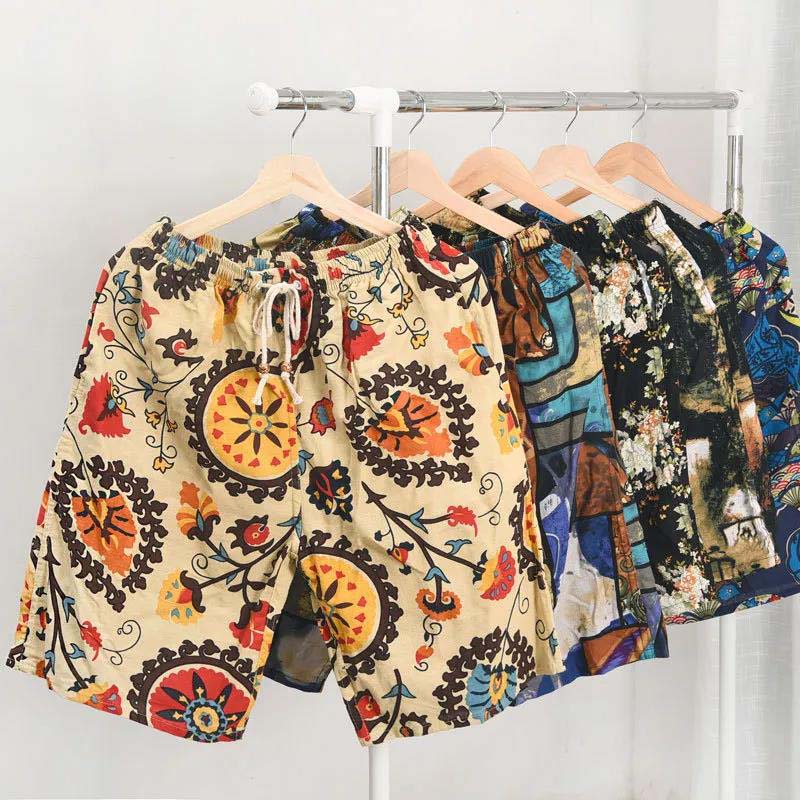 Summer Beach Pants Men's Casual Flower Shorts Men's Summer Big Pants Boys Cotton Five-point Pants