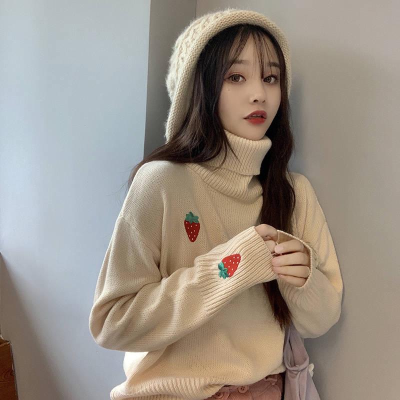 Winter Long-sleeved Loose Strawberry Embroidered Turtleneck Sweet Girl Was Thin Sweater