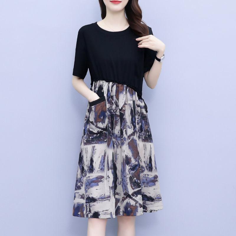 Women's Fake Two-piece Dress Spring Summer Chiffon Print Short Skirt Pocket Long Black Slim Casual Dress