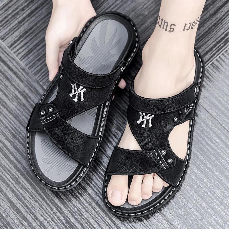 Men's Sandals While Driving Summer Waterproof Beach Shoes Trendy Dual-purpose Men's Leather Sandals