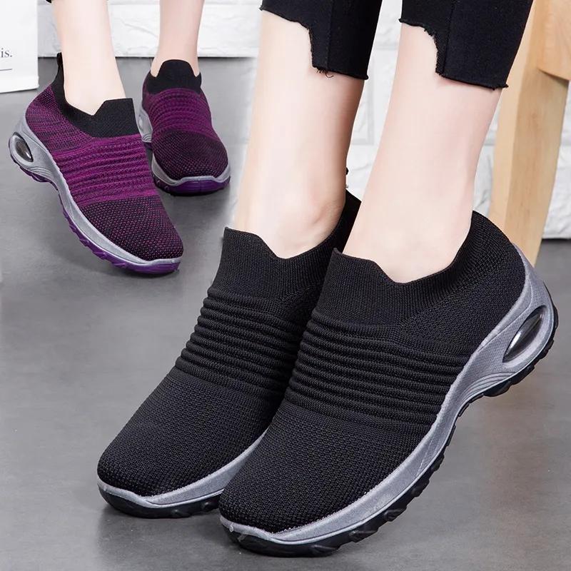 Women's Mid High-heeled Sneakers Casual Breathable Mesh Sports Shoes Running Flat Shoes Slip on Thick-soled Dance Shoes