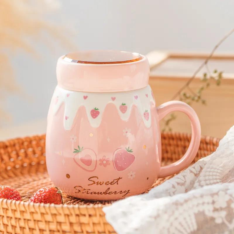 High-value Ceramic Mug with Lid Spoon Water Cup Female Home Cute Cup Large Capacity Breakfast Cup Gift Student