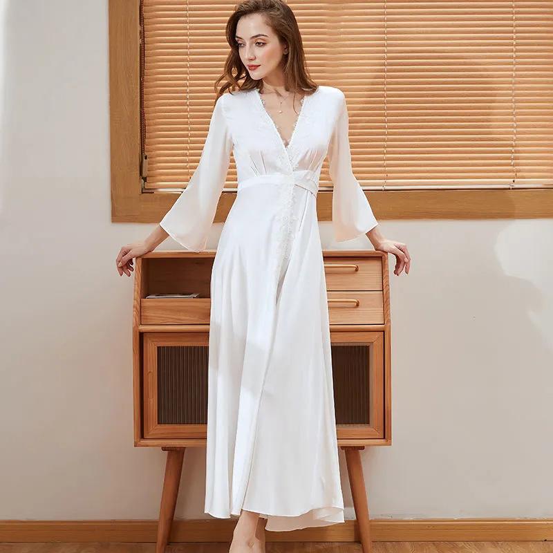 Women's Lace Long Nightdress Wedding Dressing Robe Drape Satin Solid Color Beauty Back Hollow Out Sexy Nightgown French Wedding Pajamas