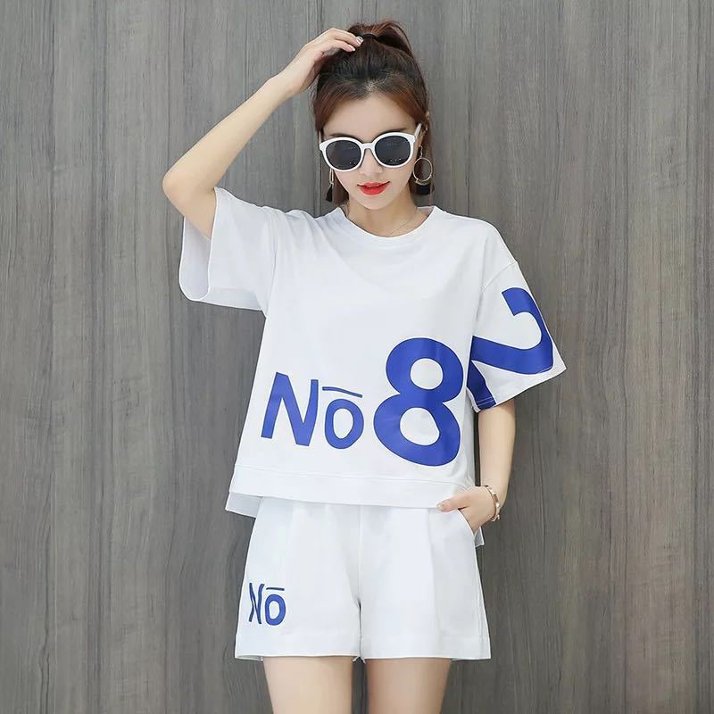 Pure Cotton Casual Sportswear Suit Women's Summer Printing Loose Short-sleeved Shorts Running Two-piece Home Comfort Suit