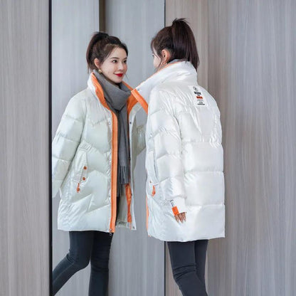Down Cotton Jacket Winter Loose Korean Color Shiny Face-free Collar Mid-length Cotton Jacket Women