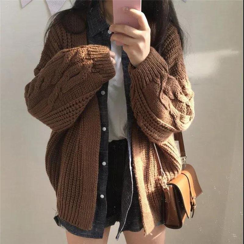 Women's Autumn and Winter Sweater Cardigan Chic Korean Loose Long-sleeved Twist Knit Solid Color Sweater