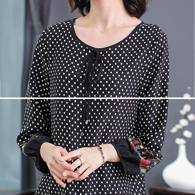 WTEMPO Plus Size Ladies Dress Summer Round Neck Knee-length Chiffon Polka Dot Tassel Printing L-XXL