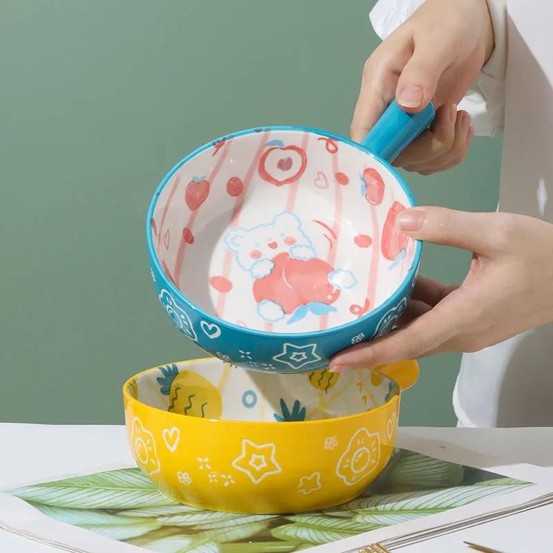 Cartoon Instant Noodle Bowl Ceramic Household Fruit Salad Bowl Cute Girl Heart Handle Baking Bowl Fruit Bowl