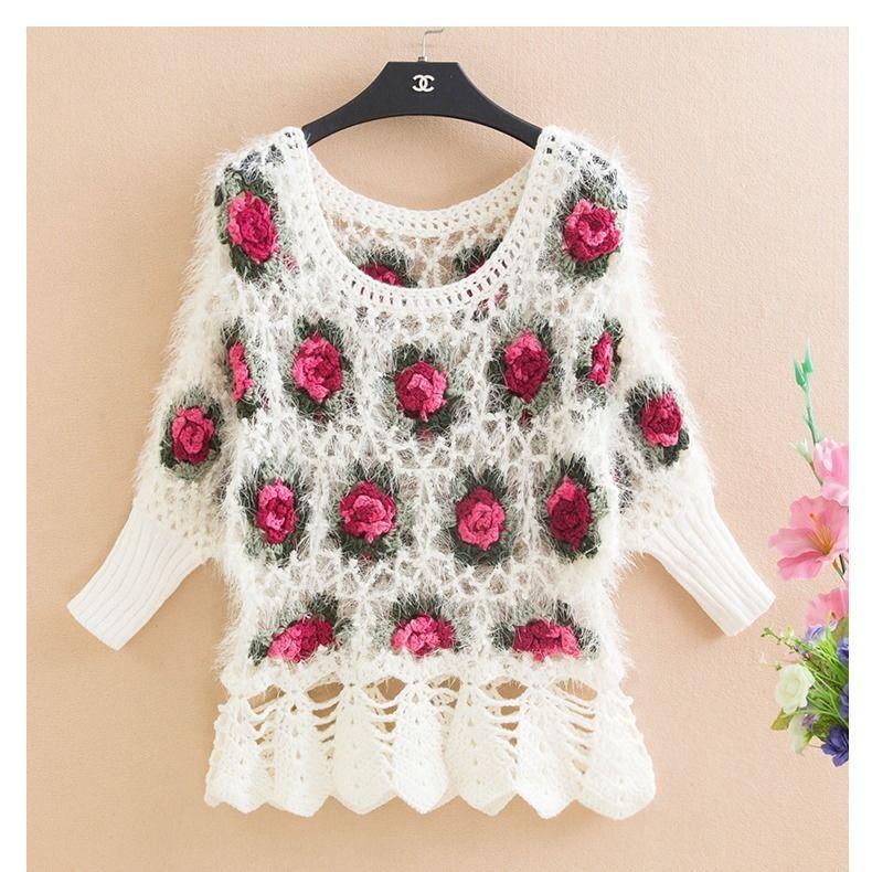 Fall/winter Women Crocheted Knit Jumper Short Pullover Batwing Sweater  Round Neck Mohair Sweater Outwear