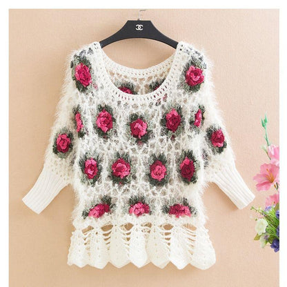 Fall/winter Women Crocheted Knit Jumper Short Pullover Batwing Sweater  Round Neck Mohair Sweater Outwear