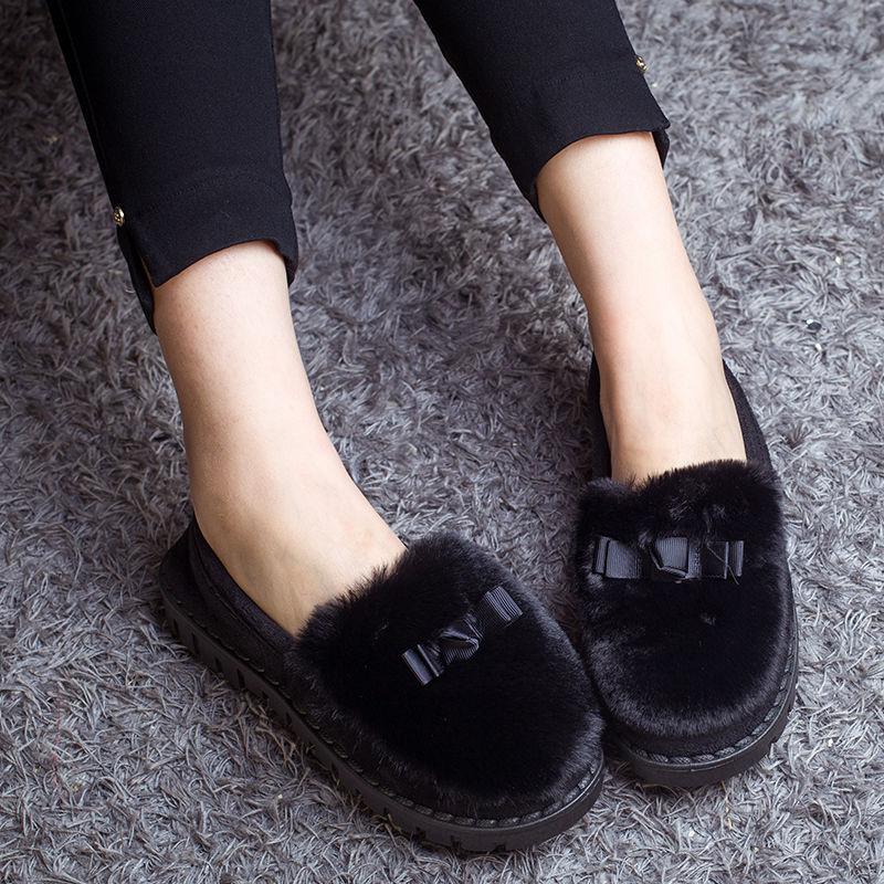 Autumn and Winter Plus Velvet Warm Shoes Plush Shoes Peas Shoes Women's Cotton Support Shoes with Non-slip Moccasins Flat Shoes