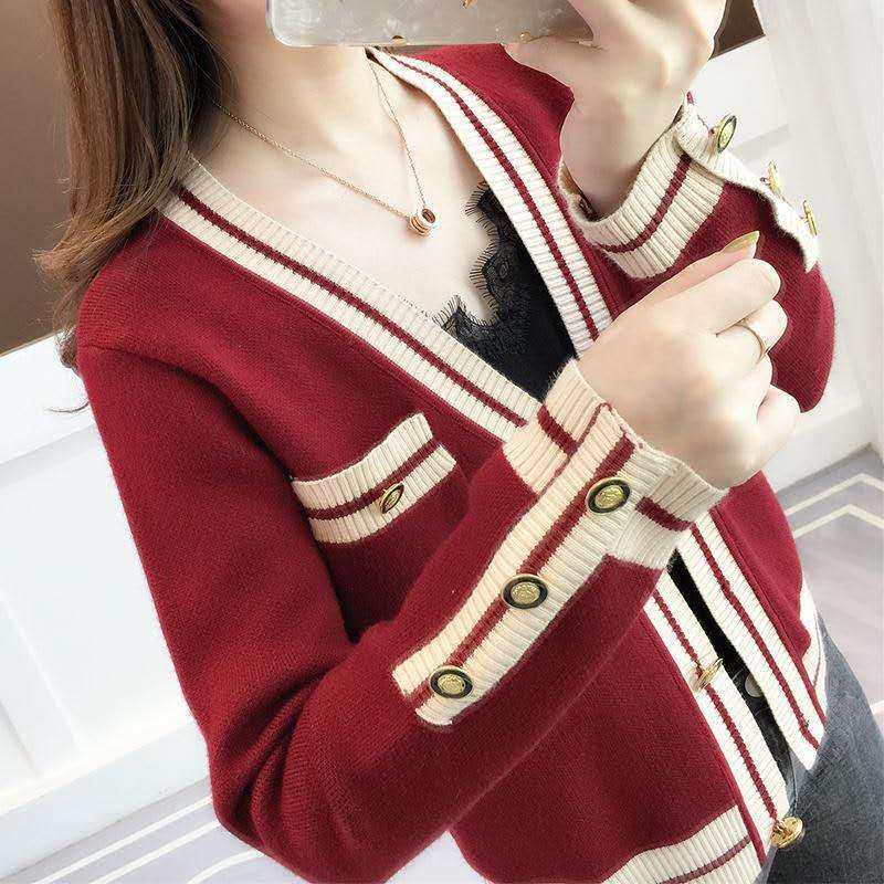 Color Matching Striped Knitted Cardigan Spring and Autumn Short Loose Sweater Coat Women