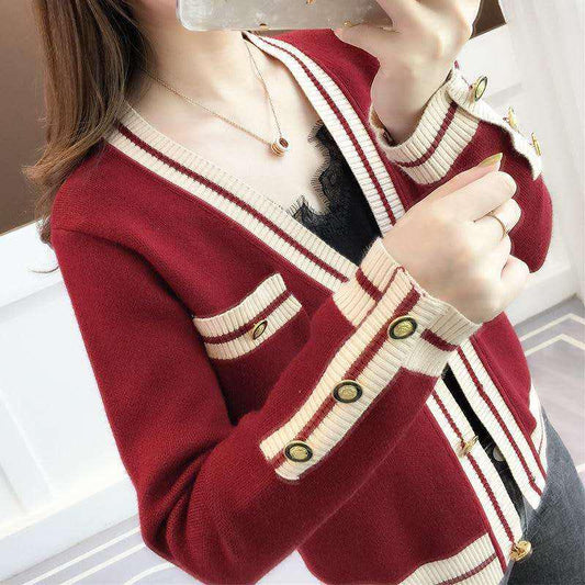 Color Matching Striped Knitted Cardigan Spring and Autumn Short Loose Sweater Coat Women