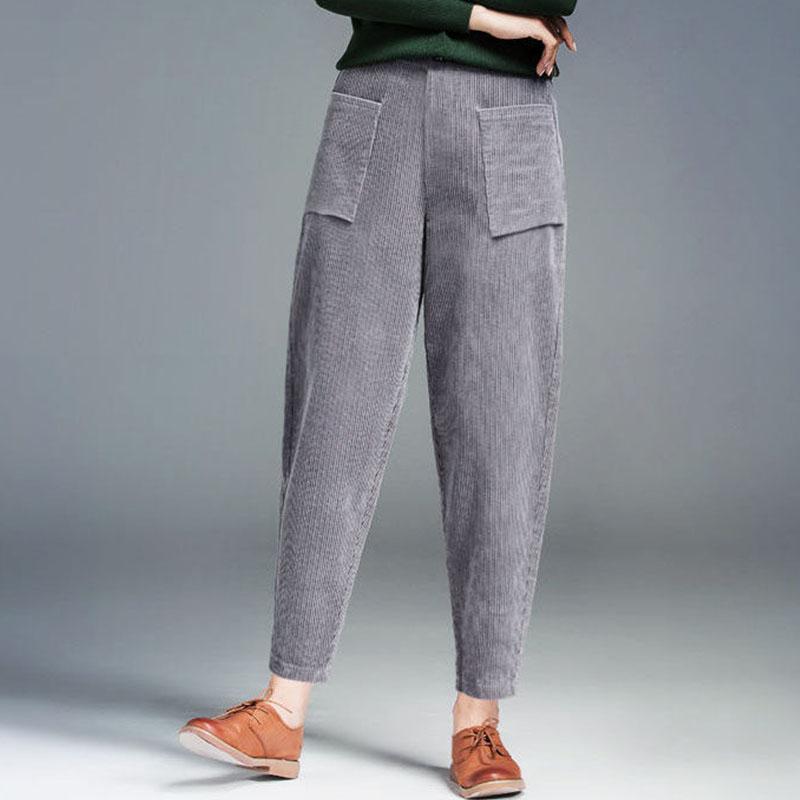Plus Velvet Autumn and Winter Corduroy Pants Radish Pants Plus Velvet Stretch Loose Deep Pocket Women's Trousers Large Size Was Thin