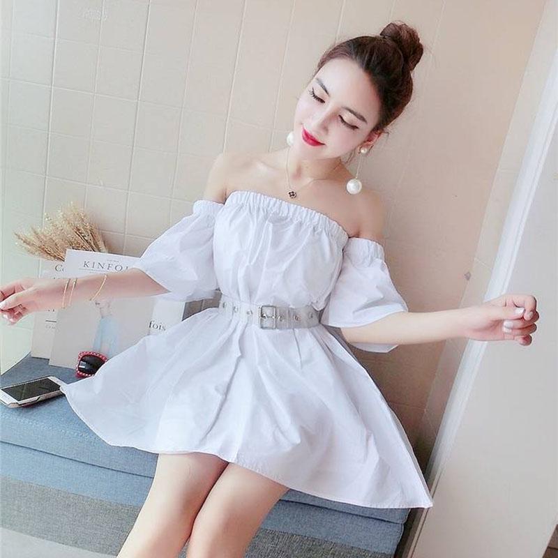 Sexy White Off Shoulder Belt Sexy Slash Neck Dress Elegant Club  Party Dress Women Short Dress