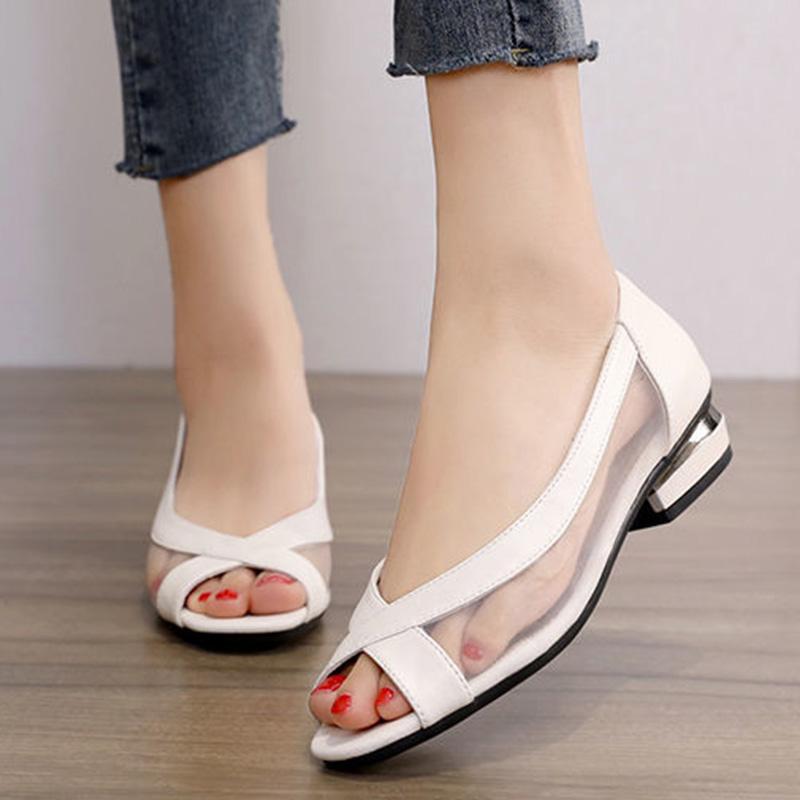 Mesh Sandals Women's Fashion All-match Single Shoes Summer Low-heel Soft Leather Fish Mouth Women's Shoes Summer Flat Shoes