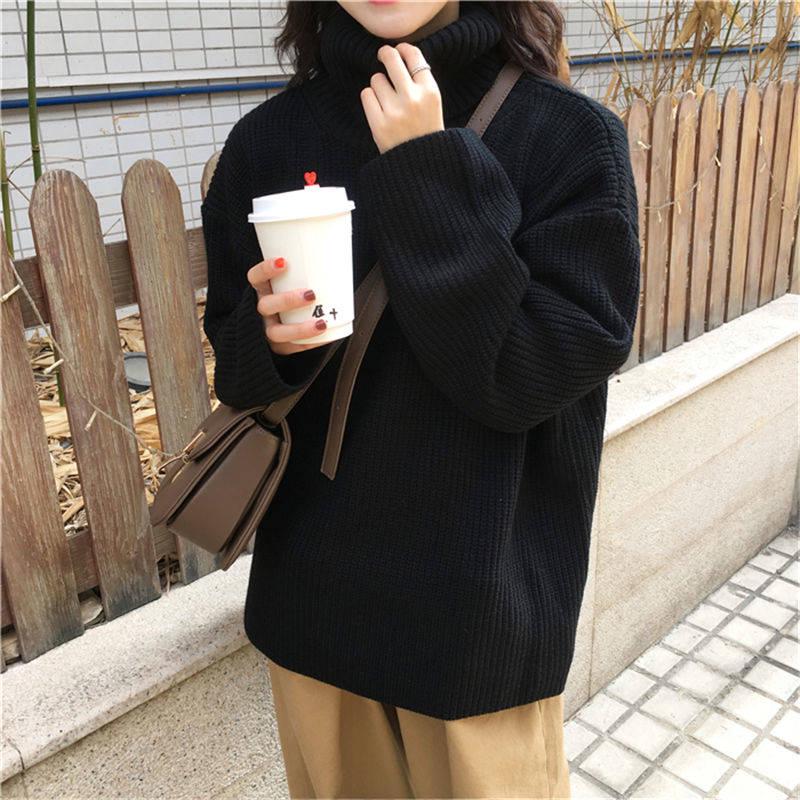 Pofulove Autumn Winter Thick Turtleneck Sweater Women Students Loose Solid Color Long-sleeved Coat