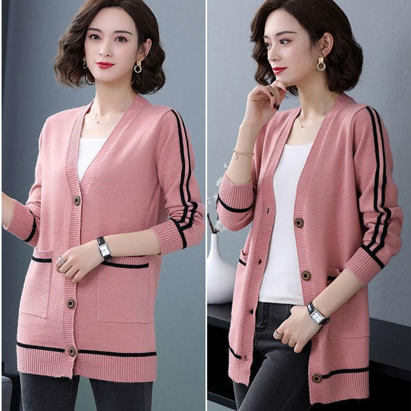 Spring and Autumn All-match Jacket Striped Pattern Mid-length Sweater Fashion Simple Style Female Top