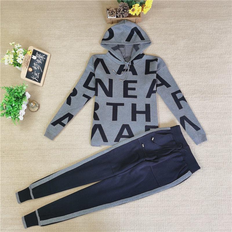 2pcs/set Women's Sports Set  Letter Printing Hooded Knitted  Sweater + Knitted  Elastic Waist Harem Pants Sets  Ladies Outfits Sweat Suit