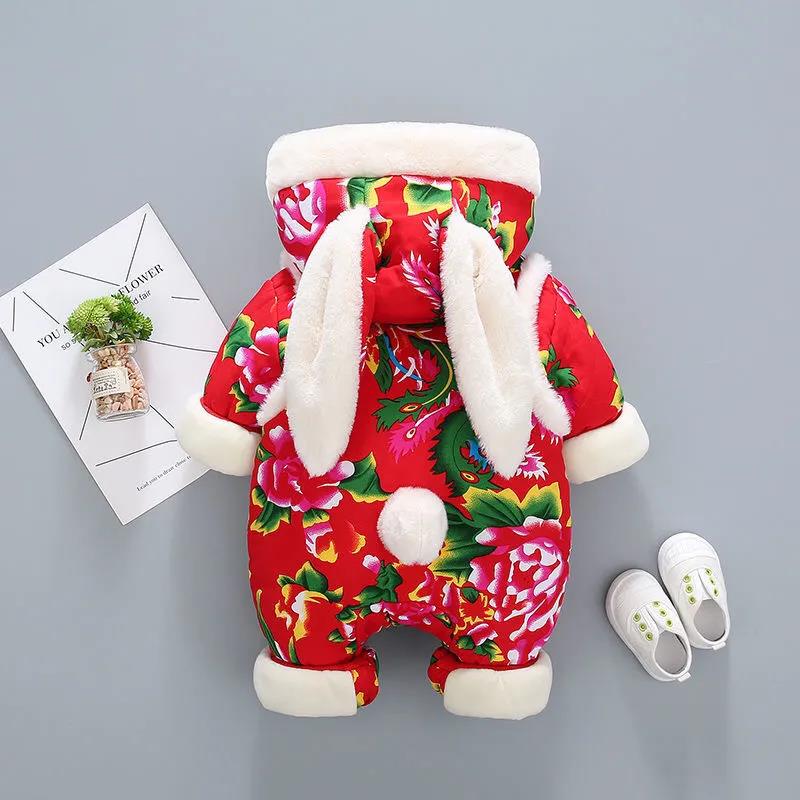 Baby Big Flower One-piece Winter New Year's Clothing New Year's Clothing Baby Festive Romper Plus Cotton Padded Outing Clothing