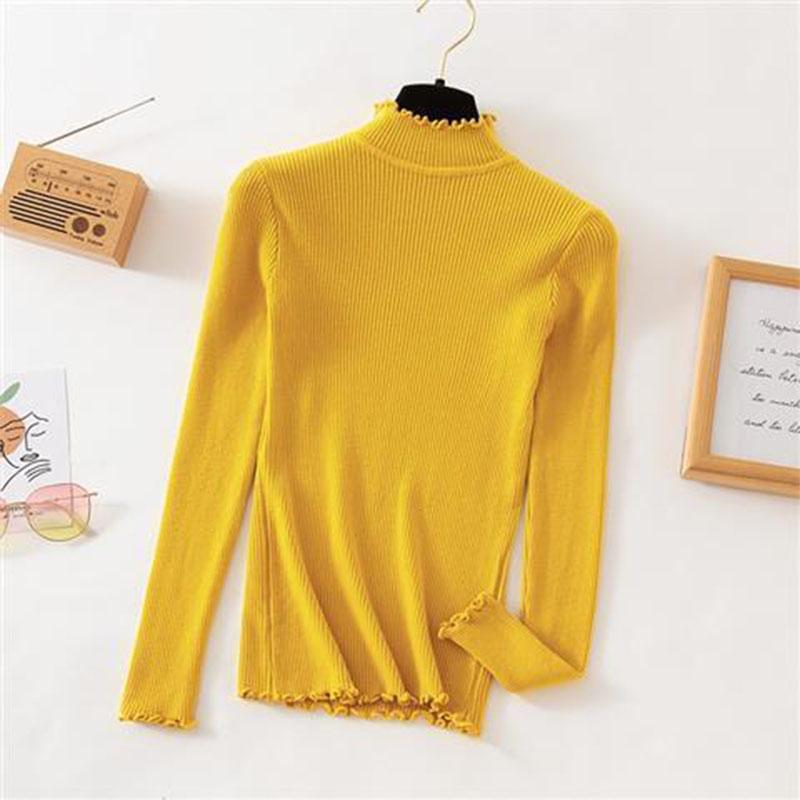 Autumn Winter New Style Half High Neck Knit Sweater with Wooden Ears Long-sleeved Pullover Slim-fit Lace-neck Sweater Women's Bottoming Shirt