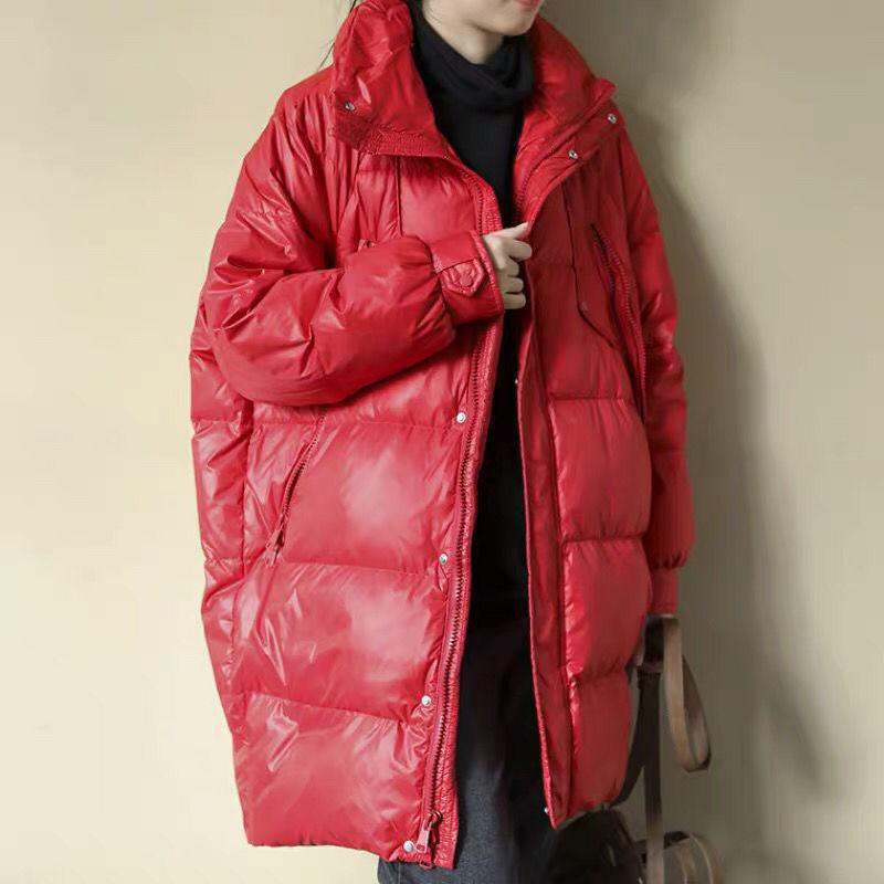 Mid-length Down Jacket Women Winter Korean Version of Loose Stand-up Collar Shiny Down Jacket Bread Suit Jacket