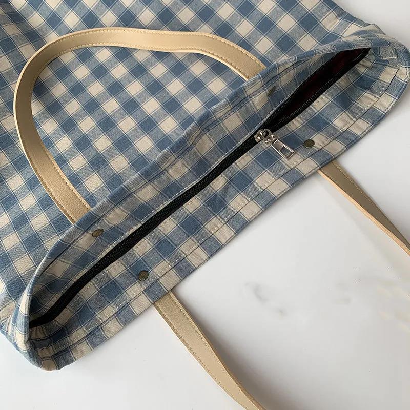Large-capacity Plaid Bag Women Canvas Bags Travel Casual Shoulder Handbag Simple Hobo Bags