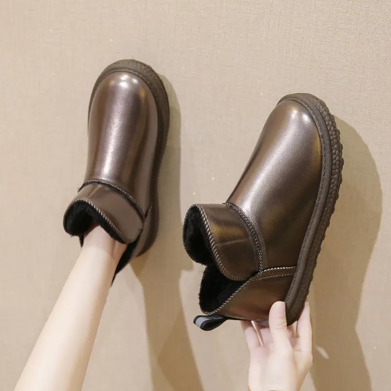 Snow Boots Women's Fur One Autumn and Winter Leather Waterproof Plus Velvet Thick Cotton Shoes Short Boots