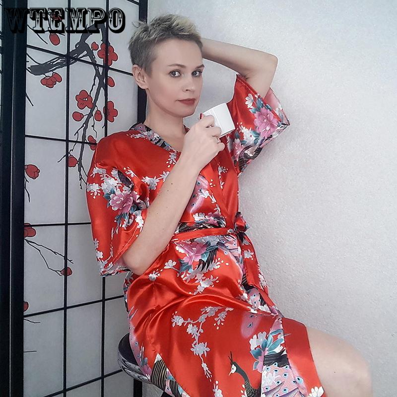 Women Sexy Silk Satin Knee Length Robe Bathrobe Peacock Floral Print Kimono Pajamas Cardigan