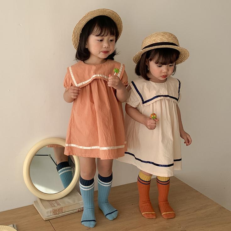 Summer Children's Clothing College Navy Girl's Dress Turn-down Neck Korean Style Baby Girl Skirt Short Sleeve