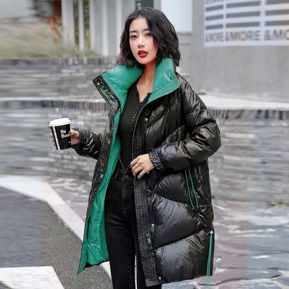 Winter Trend Mid-length Bright Face Stand Collar Embroidery Fashion All-match Loose Down Ladies Jacket