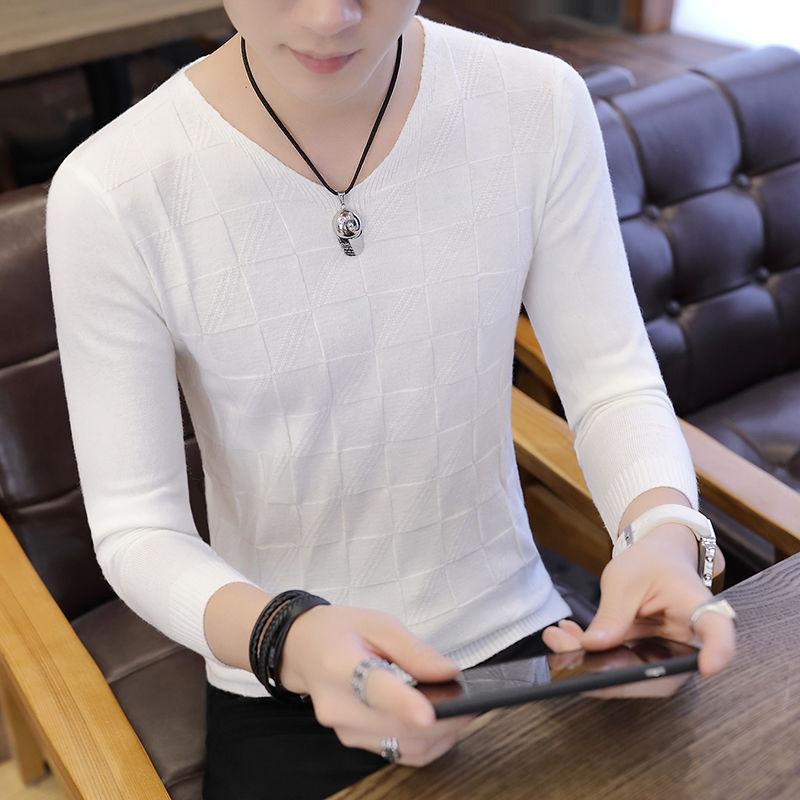 Men's Long-sleeved V-neck Knit Sweater Slim Fit Winter Warm Inner Clothes Solid Color Sweater Bottoming Shirt