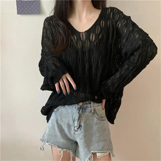 One-piece Knitted Blouse Autumn and Summer Women's Thin Loose Sunscreen Top